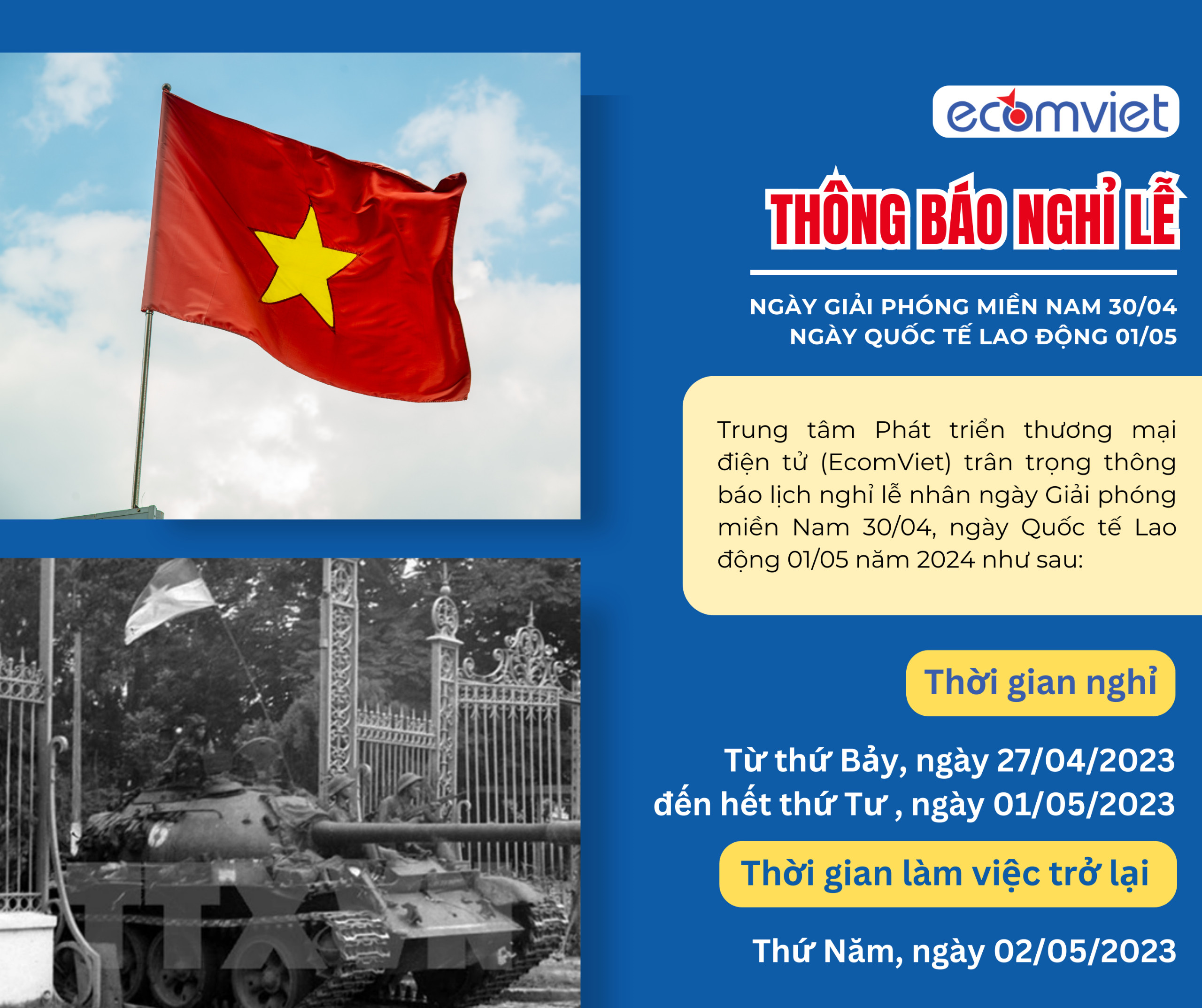 Thông báo nghỉ Lễ 30.4 và 01.5